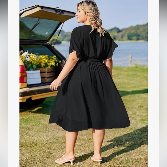 Hanna Nikole Chiffon Black Ruffle Sleeve A-Line Empire Waist Midi Dress Size 18W - Picture 3 of 16